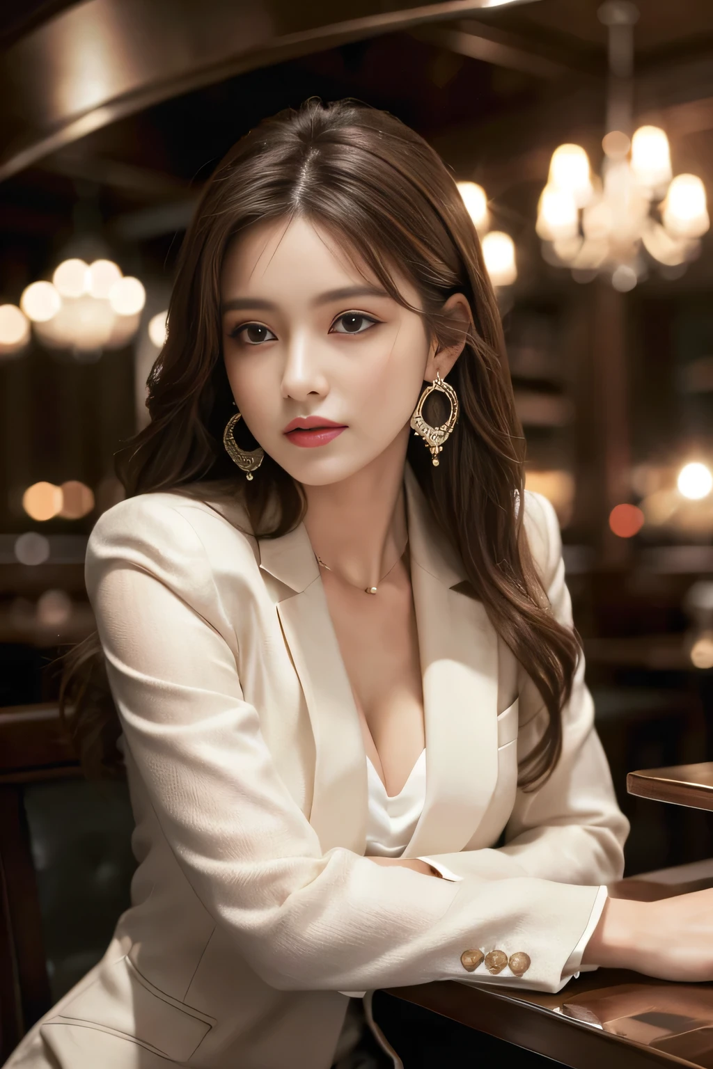 masterpiece, Highest quality, Realistic, Very detailed, Finer details, High resolution, 8k wallpaper, One beautiful woman, Wear a nice suit, In a great restaurant, At night, Light brown messy hair, Perfect dynamic composition, Beautiful and beautiful eyes、Big earrings、Sit on a chair、