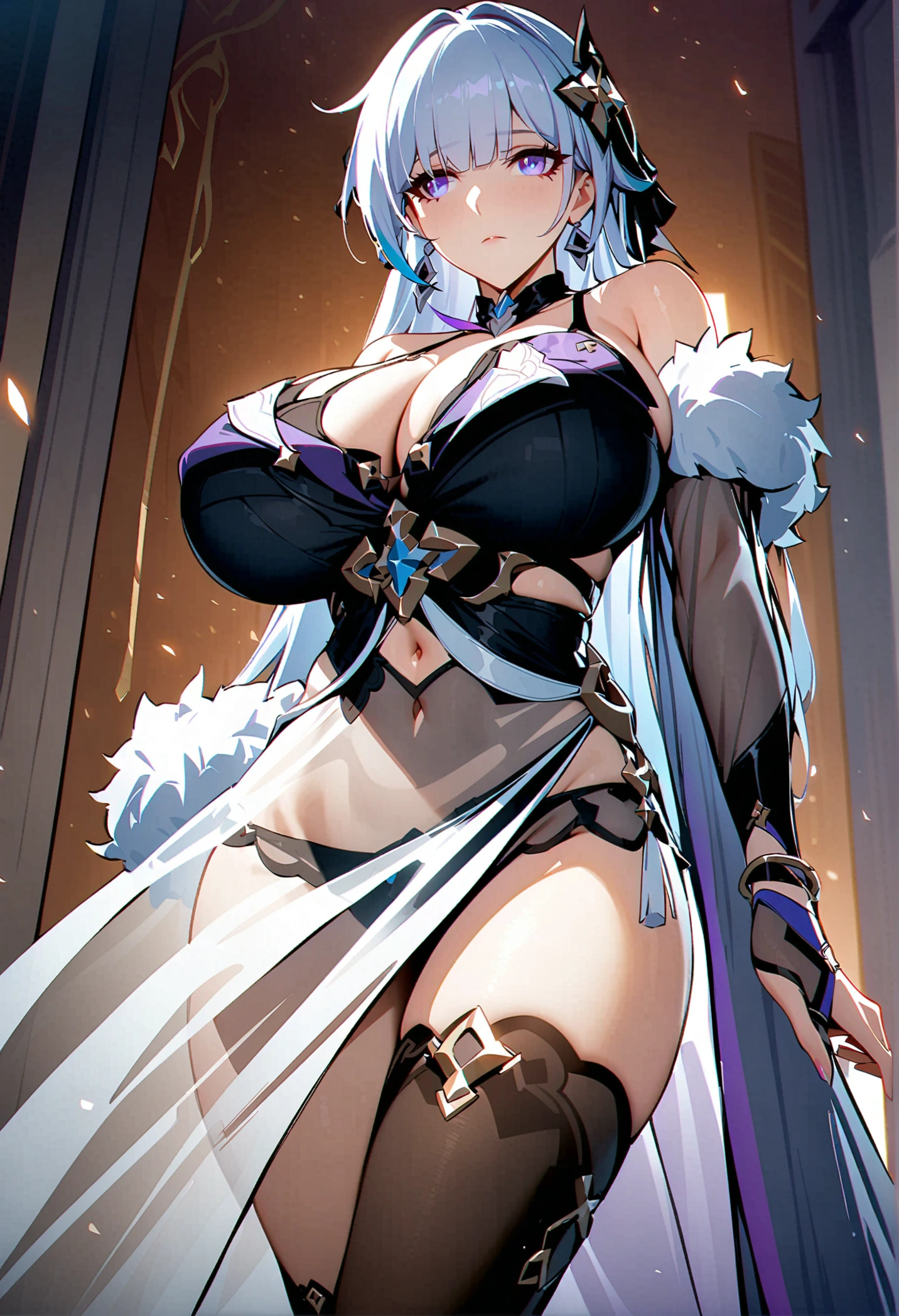 tmasterpiece,Best quality,extremely detaild CG unified 8k wallpapers, tmasterpiece, Best quality, CG, optics ,Raiden Mei (((Honkai Impact 3rd))),detail processing,((Purple pupil)),headgear, Purple long straight hair,((,MILF,A mature woman)),Huge breast,Intimacies,eventide,Clear face,face expressionless,bangle,((dancer/transparent sarong)), Black stockings,fur straw shawl