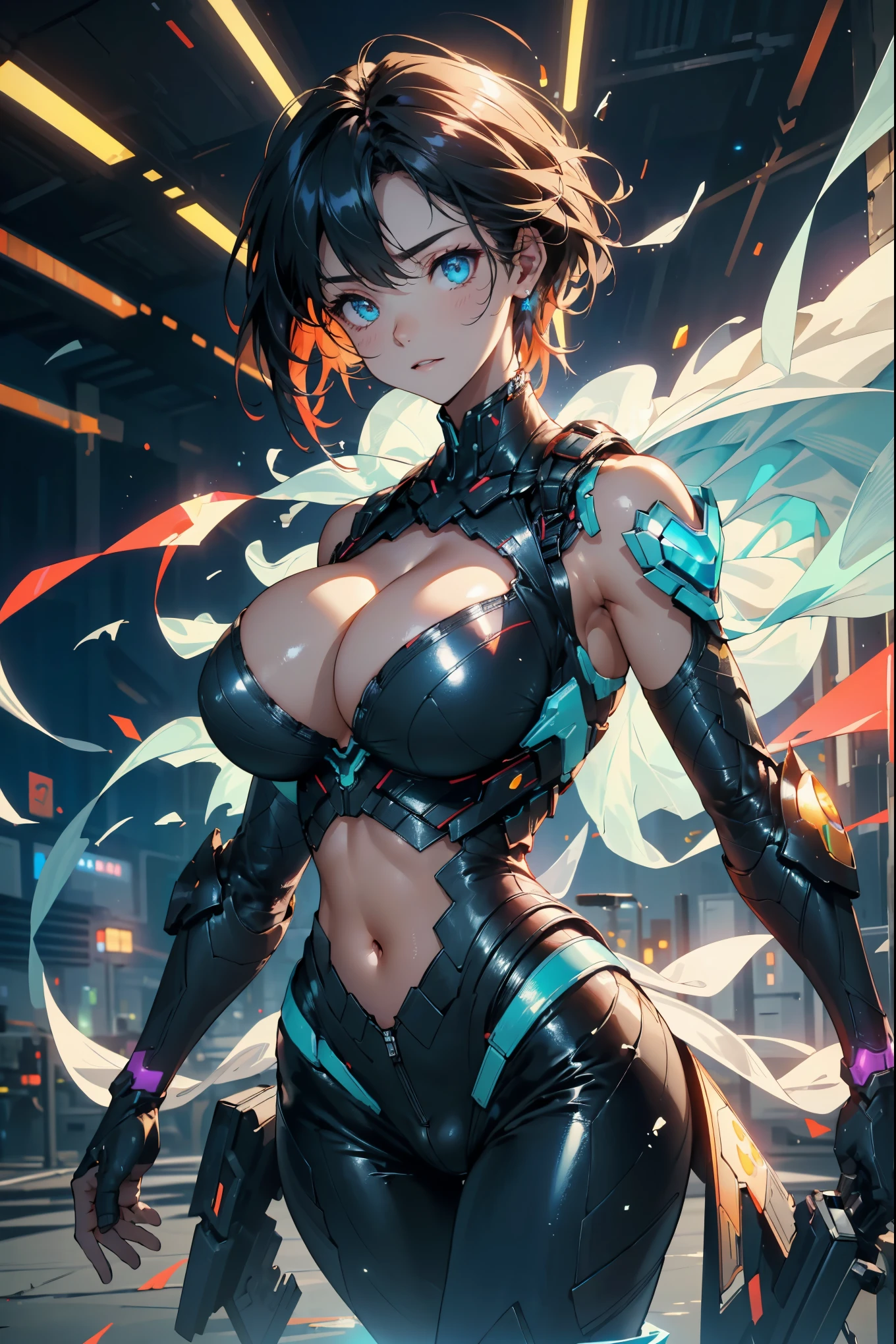 (best quality, high resolution, Extremely detailed), futuristic armor, Detailed face and eyes, Powerful pose, Vibrant colors, Science Fiction, Glowing particles, Intense backlight, metallic feel, Vibrant atmosphere，huge , Crazy ?????? swelling, ????? larger than shoulder blades, ??????????? and thin waist，(????????????:1.2)，Hydrated skin（（rogue））（（非常huge??）），（（Grooves reveal original skin）)