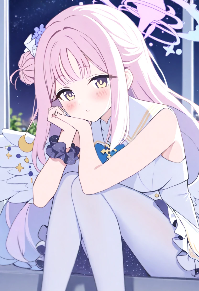 1girl, mika \(blue archive\), solo, scrunchie, wings, pink hair, wrist scrunchie, looking at viewer, flower, dress, hair ornament, long hair, head rest, yellow eyes, white dress, night, sleeveless, white pantyhose, hair bun, sleeveless dress, single side bun, hair flower, sitting, window, white wings, halo, blush, bangs, crescent, low wings, frilled dress, potted plant, indoors, angel wings, star \(sky\), sky, frills, night sky, pantyhose, blurry background, very aesthetic, absurdres