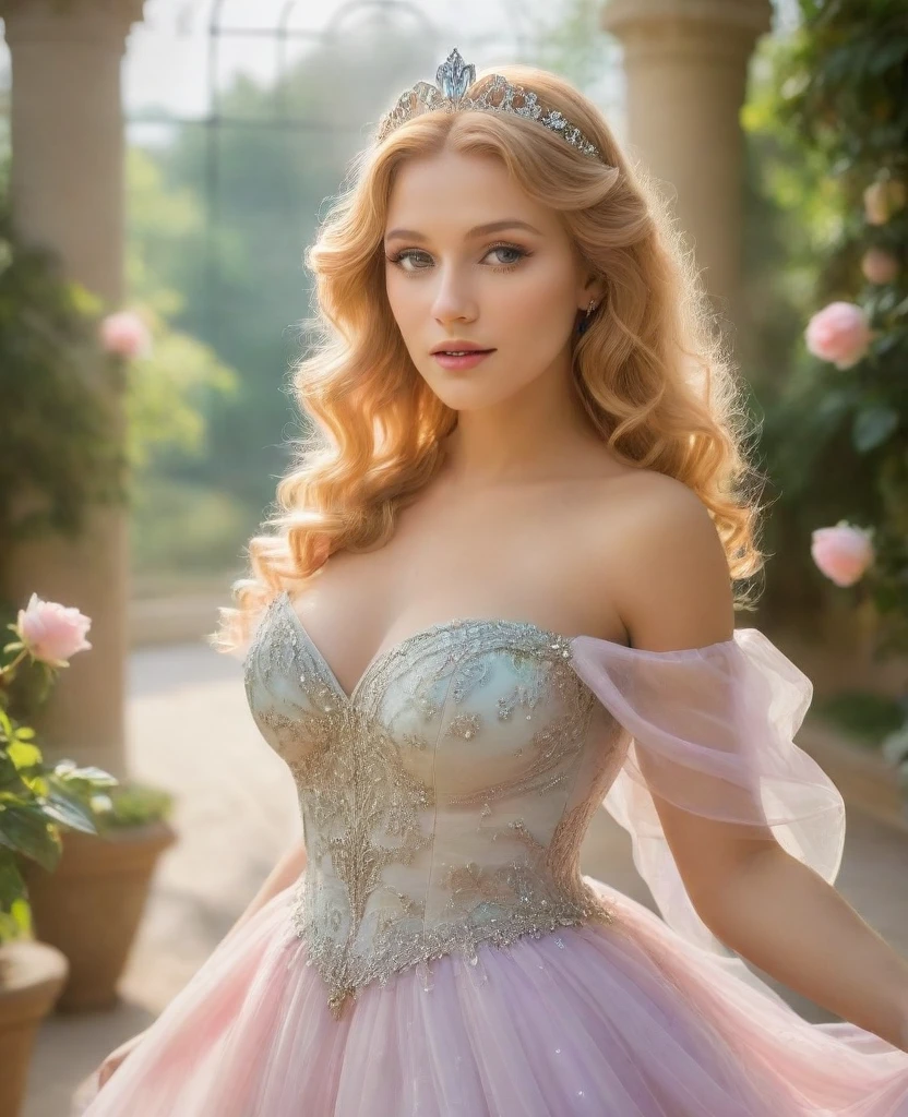 princess in blissful languor, beautiful detailed eyes, beautiful detailed lips, flowing gown, dreamy expression, golden hair cascading down, sparkling tiara, strawberry blonde curls, royal palace, soft sunlight filtering through stained glass windows, exquisite chandelier lighting, romantic atmosphere, vibrant colors, Mediterranean garden, fragrant flowers in full bloom, fountain with dancing water, whispering breeze, whimsical butterflies fluttering around, faint sound of birds chirping, lush greenery, ivy-covered trellis, endless rows of blooming roses, Prince Charming's irresistible presence, anticipating love and happiness, (best quality, 4k, 8k, highres, masterpiece:1.2), ultra-detailed, (realistic, photorealistic, photo-realistic:1.37), romantic portrait style, soft pastel color palette, dreamy lighting, ethereal ambiance