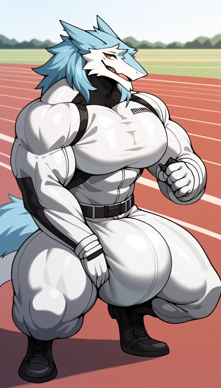 a giant white anthro sergal in a white full body racing suit, gigantic hyper bulge in pants as big as his head. huge round pecs, slim torso, massive arms, big thick thighs, broad shoulders. in fututistic desert racin track. crouching, by darkgem