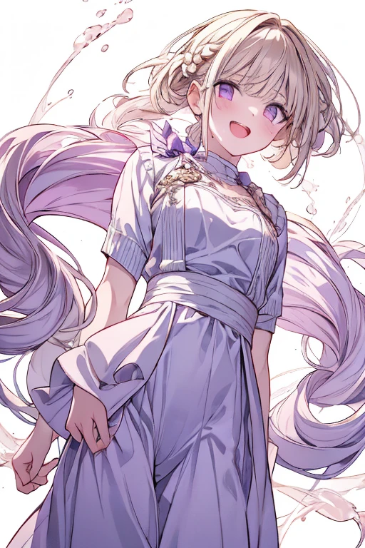 1 girl in, purple color hair、Purplish pink eyes that dreamers desire, (Blonde hair) , small stature, Colossal tits, Lori, (masutepiece:1.2, Best Quality), (finely detailed beautiful eye: 1.2), (beautifull detailed face), (Best Illumination, extremely delicate and beautiful), ((Cinematic Light)), Dramatic light, (Pale white background:1.5), Short bob hair(1:3)、Ultra Contrast、Braid a little around the ears, White long dress、only has 5 fingers、Her pussy is visible through the white thong、Wet pants、You can see inside your underwear、full of sweat、mocking look、diaper、nffsw,Arms crossed、grab the arm、Shoot from below,Best Quality、Large breasts、muscular pussy、Pubic hair,high-level image quality、hightquality、8K,perfect hand、5 fingers、finger pin、Perfect Finger、T back、Naked、noise cut、bullet hand、Her hair color should have been a brighter purple.The skirt part is also carefully expressed..、Purple skirt、the skirt is floating in the wind、Dark purple panties、Pubic hair majority,(with sparkling eyes and a contagious smile),open mouth,from below:1.2, highest quality, high resolution,Real World, Natural light,perfect Natural light, Looking at Viewer,