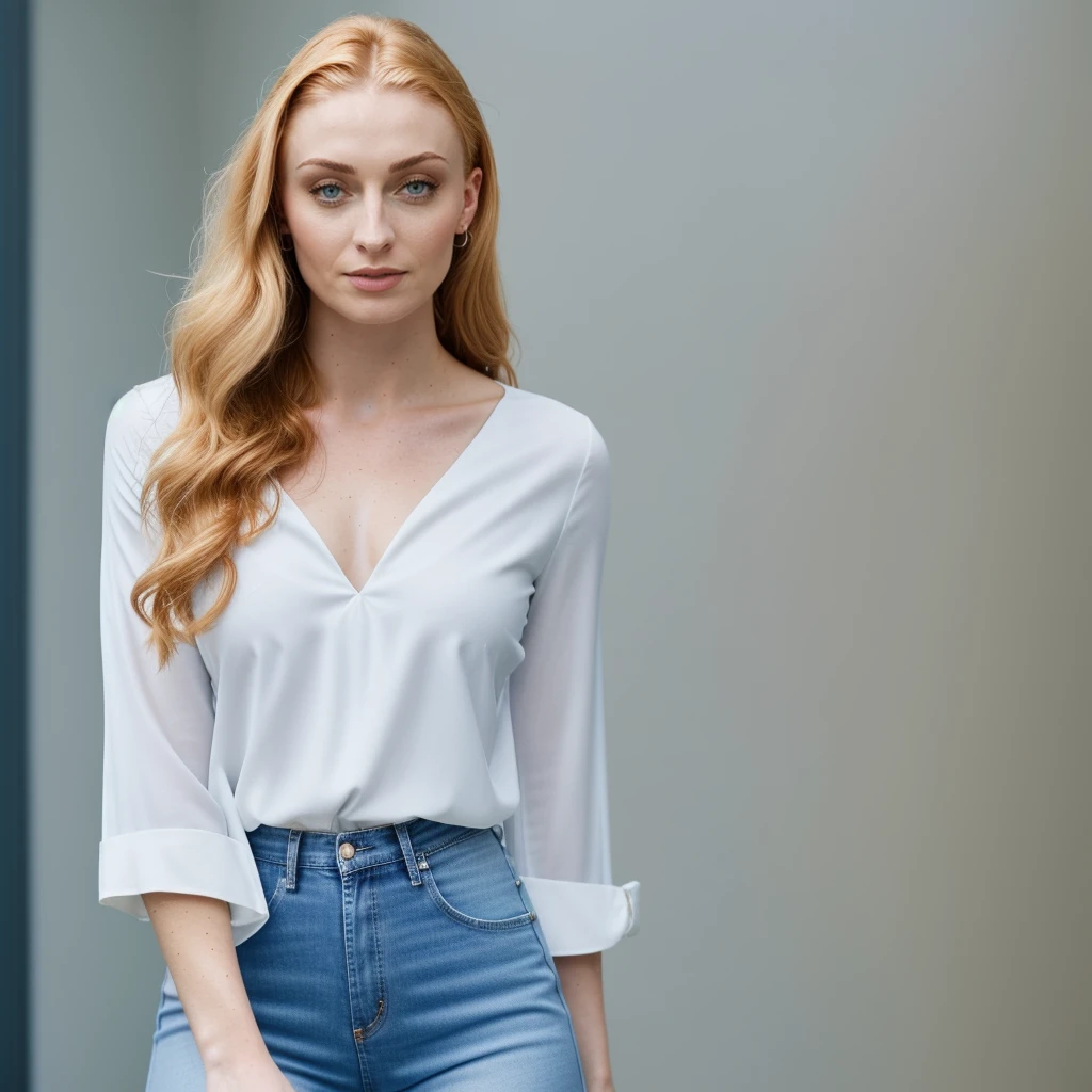 a stunning  photo of Sophie Turner woman in a figure hugging white top and blue jeans, natural lighting, 
epic character composition,
sharp focus, film grain, high quality, solo 1 woman, ponytail hair