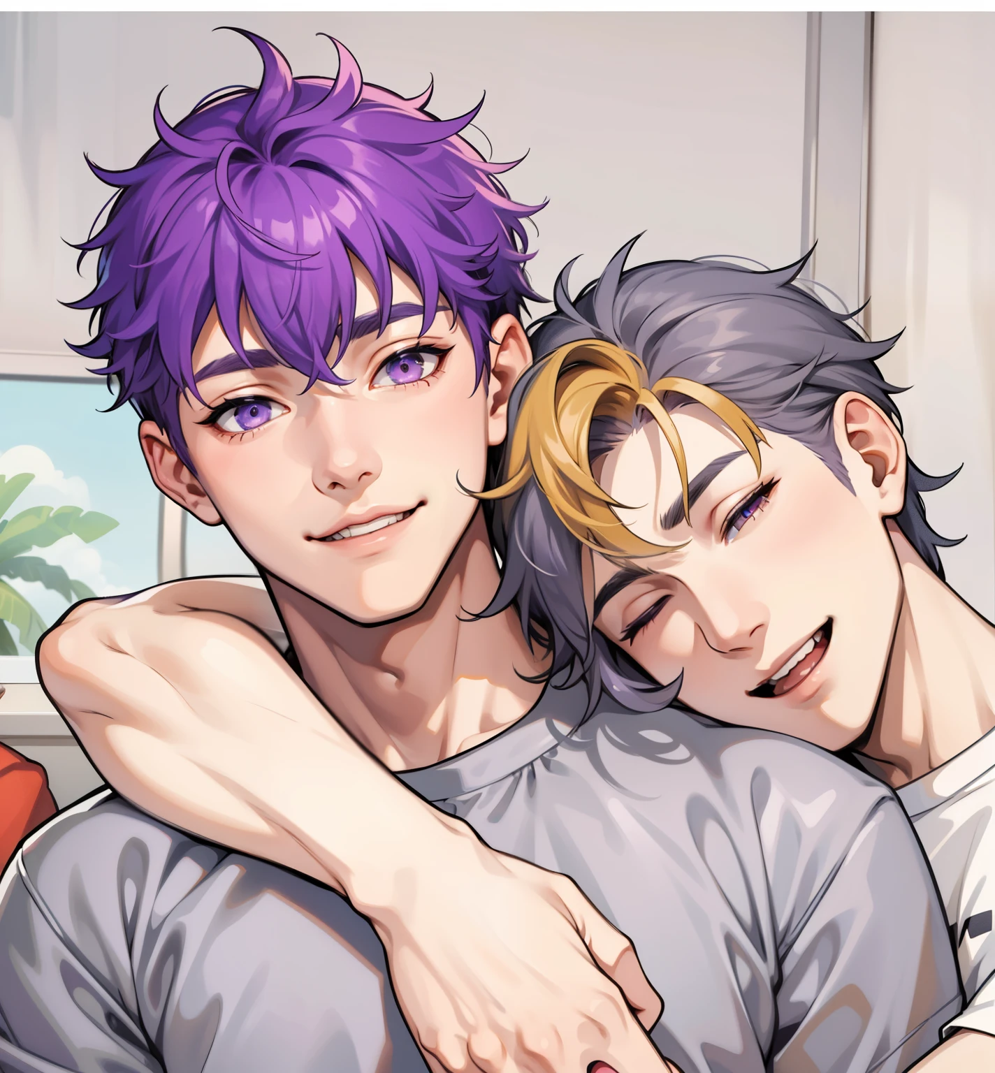  His eyes are closed. There are two 16-year-old boys, men, purple hair and gray hair.,  They are smiling, they are brothers