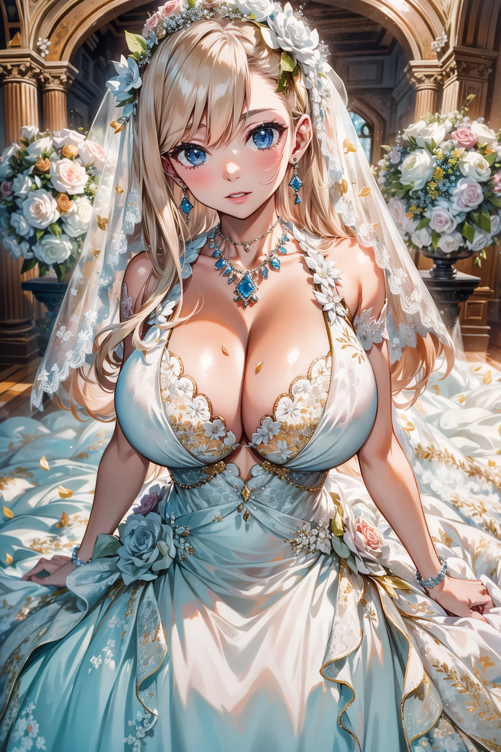 absurd, 8K, high resolution, ultra detailed, beautiful, masterpiece, best quality, very pretty woman, young, very pretty woman, sexy, (very big boobs:1.2), Detailed woman's face, very attractive, (wedding dress:1.4), full body, ,detail_face,hmrb, long hair, hair ornament, hairclip, earrings, necklace, cleavage, 