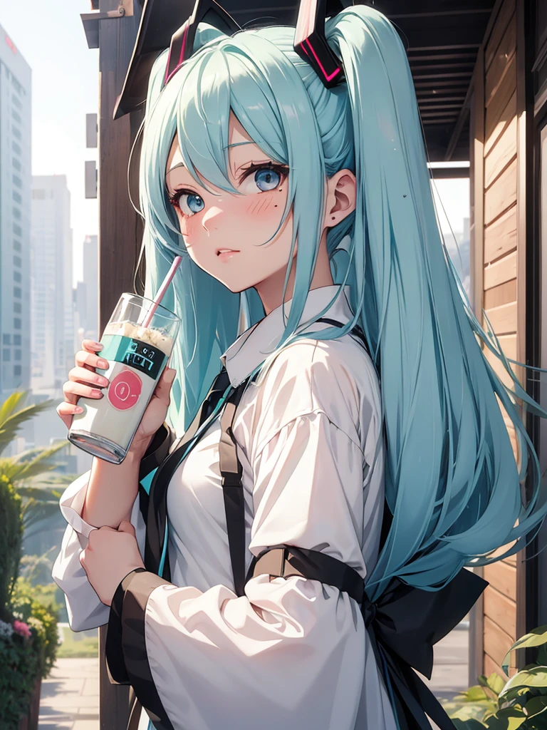 Hot Hatsune Miku、pfotorealistic, Highresolution, 1 woman, white-haired, Korean, Heterochromia eyes, Small moles under the eyes,outdoor,  blush, drinking