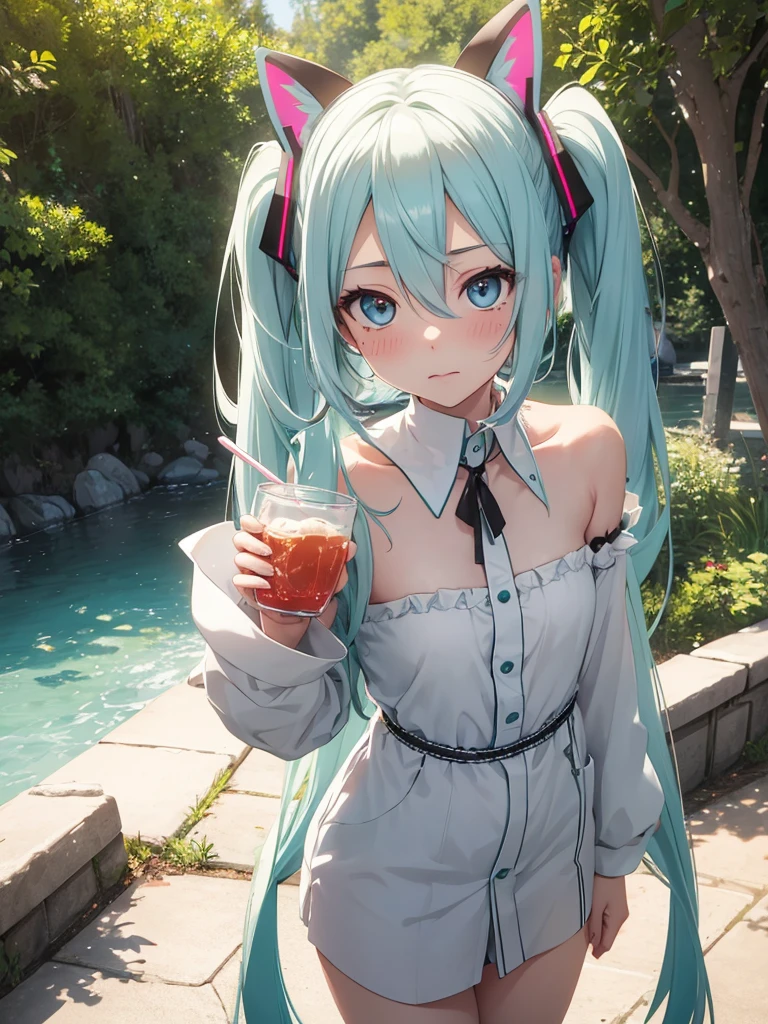 Hot Hatsune Miku、pfotorealistic, Highresolution, 1 woman, white-haired, Korean, Heterochromia eyes, Small moles under the eyes,outdoor,  blush, drinking