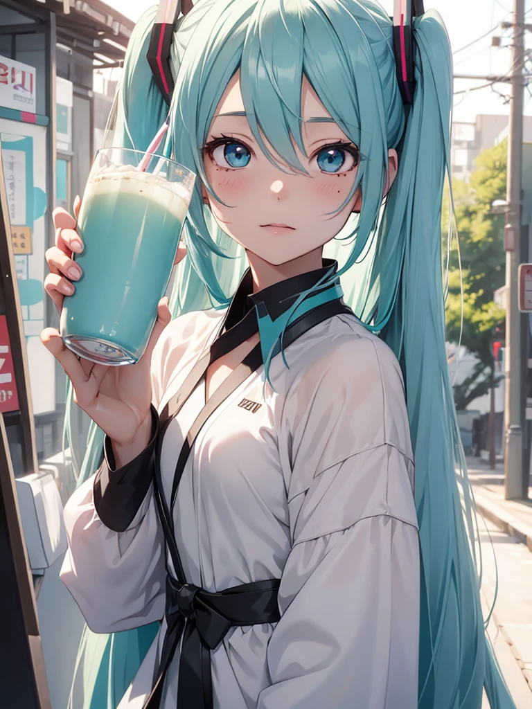 Hot Hatsune Miku、pfotorealistic, Highresolution, 1 woman, white-haired, Korean, Heterochromia eyes, Small moles under the eyes,outdoor,  blush, drinking