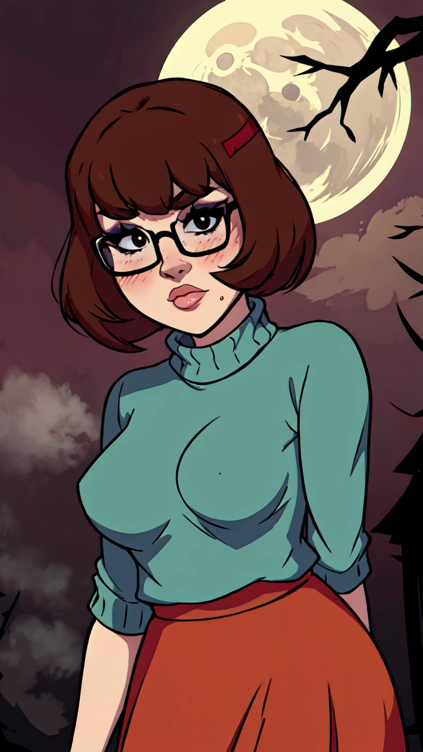 1girl, Velma from scooby-doo, solo, fat, brown hair, black eyes, square glasses, orange turtleneck blouse and red skirt,  eyeliner, looking at viewer, lips, brown bob cut, blunt bangs, blush, standing, upper body, face focus, outdoors, horror \(theme\), night, fog egirlmakeup,  moonlight background