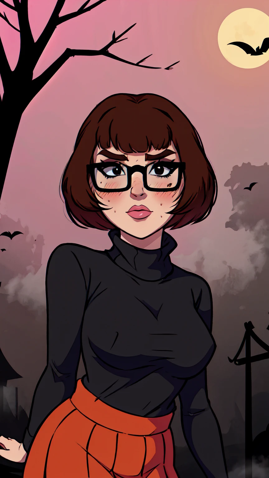 1girl, Velma from scooby-doo, solo, fat, brown hair, black eyes, square glasses, orange turtleneck blouse and red skirt,  eyeliner, looking at viewer, lips, brown bob cut, blunt bangs, blush, standing, upper body, face focus, outdoors, horror \(theme\), night, fog egirlmakeup,  moonlight background