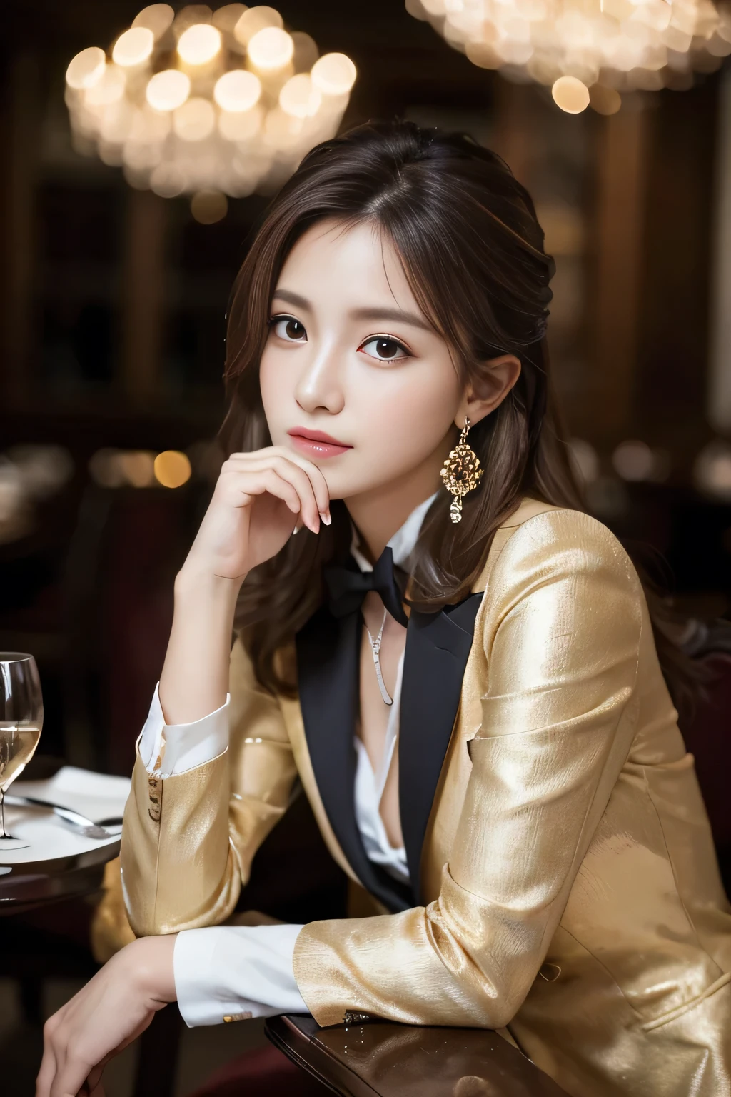 masterpiece, Highest quality, Realistic, Very detailed, Finer details, High resolution, 8k wallpaper, One beautiful woman, Wear a nice suit, In a great restaurant, At night, Light brown messy hair, Perfect dynamic composition, Beautiful and beautiful eyes、Big earrings、Sit on a chair、