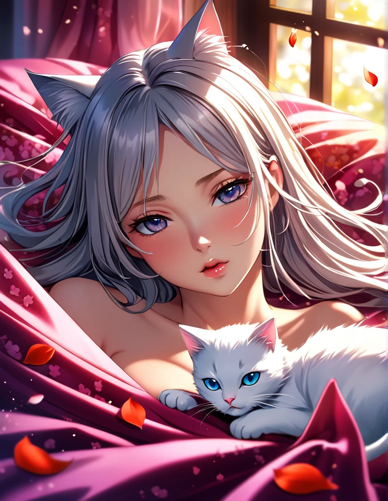 (Harem Manga style:1.2) , Hallucination, daydream , nightmare , Insane Dream , bokeh , erotica , romance , cat nymph and realistic cat , Petals fluttering down , (Single eyelids, round nose, swollen cheeks) , glossy lips , Collarbone , Hair blowing in the wind , Goddess of lust , wrapped body by transparent blanket , hide crotch by cat , close up cat