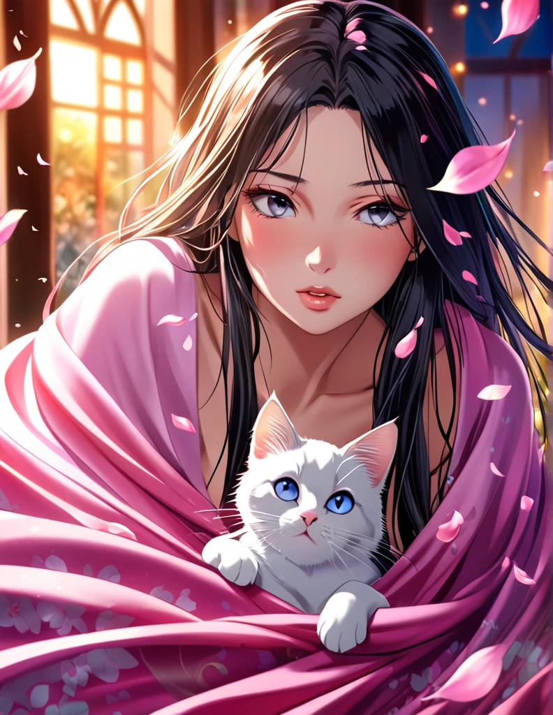 (Harem Manga style:1.2) , Hallucination, daydream , nightmare , Insane Dream , bokeh , erotica , romance , cat nymph and realistic cat , Petals fluttering down , (Single eyelids, round nose, swollen cheeks) , glossy lips , Collarbone , Hair blowing in the wind , Goddess of lust , wrapped body by transparent blanket , hide crotch by cat , close up cat