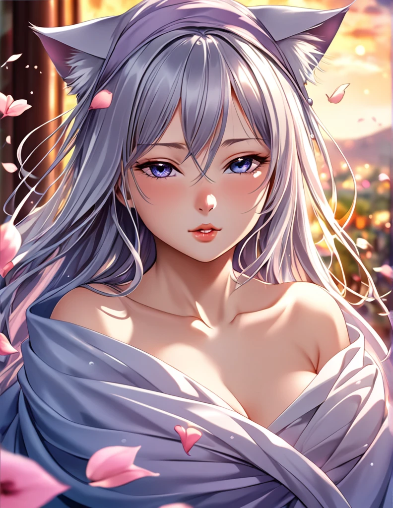 (Harem Manga style:1.2) , Hallucination, daydream , nightmare , Insane Dream , bokeh , erotica , romance , cat nymph and realistic cat , Petals fluttering down , (Single eyelids, round nose, swollen cheeks) , glossy lips , Collarbone , Hair blowing in the wind , Goddess of lust , wrapped body by transparent blanket , hide crotch by cat , close up cat