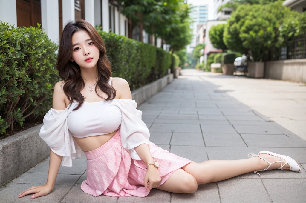 1girl, egirl, korean, wavy hair, white top, pink sarong skirt, up to knees, outdoor, cute pose, glossy lips, full body, realistic, wonyounglorashy