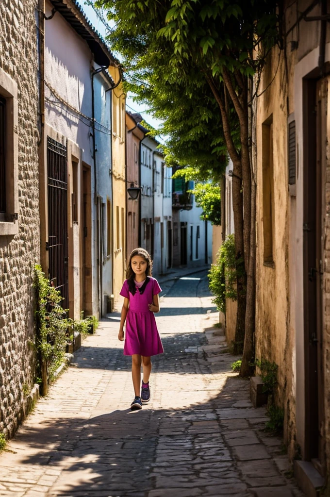 Girl about 13 years old walking through the streets of a picturesque town, looking around
