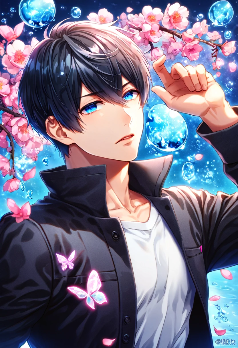 absurdres, highres, ultra detailed, HDR, master piece, best quality, Nanase Haruka, black hair, expressive blue eyes, Free!, solo, sexy man, handsome, black coat, white shirt, fantasy, shining, water, pink flowers, pink blossoms, pink butterflies, pink petals