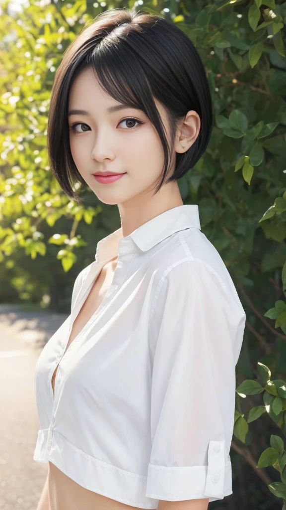 (masterpiece:1.3), (8K, Realistic, RAW Photos, Highest quality: 1.4), Japanese, (One girl), Beautiful Face, (Realistic Face), (Black Hair, short hair:1.3), Beautiful hairstyle, Realistic eyes, Beautiful attention to detail, (Realistic Skin), Beautiful Skin, Charm, Ultra-high resolution, Ultra-realistic, Very detailed, Golden Ratio, (Detailed face:1.2),View your viewers,smile,Open white shirt,Medium chest,Are standing,smile、