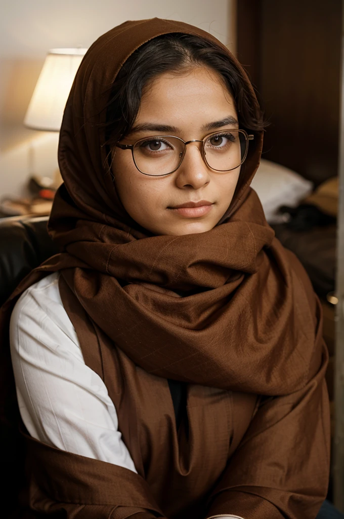 A girl wearing a brown hijab, wearing glasses, is sitting