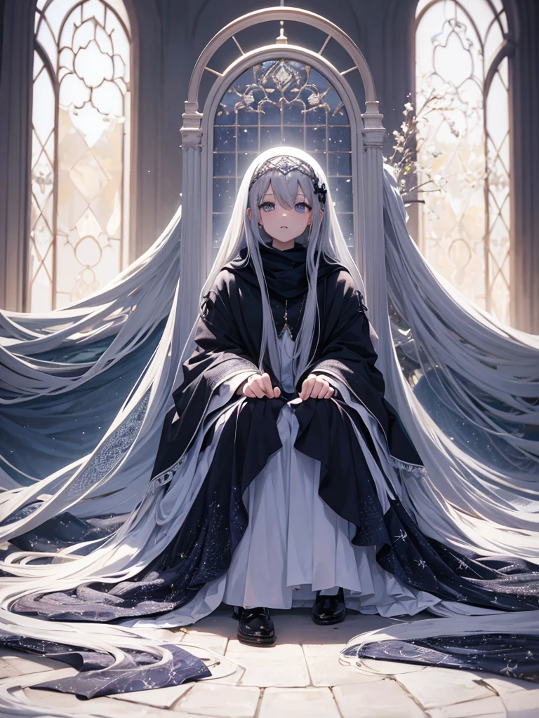 Silver haired girl with big , posing for a picture, sitting, 4k, half body image, white closed dress, blue eyes, perfect fingers,two hand, perfect eyes, unseductive anime girl, using hijab scarf, veiled