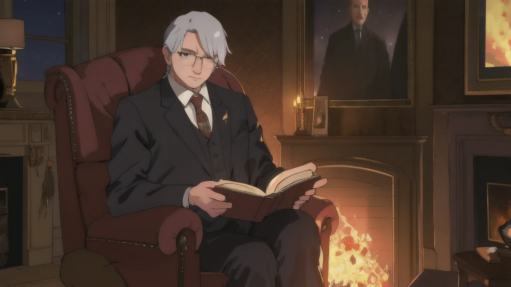 1 man in a suit sitting in an armchair by the fireplace, reading a book, comfortable night reading environment, high resolution, character on the right, youtube channel banner, (best quality,4k,8k,highres,masterpiece:1.2),detailed,(photorealistic,photo-realistic:1.37),HDR,UHD,studio lighting,ultra-fine painting,sharp focus,physically-based rendering,extreme detail description,professional,vivid colors,bokeh,portrait