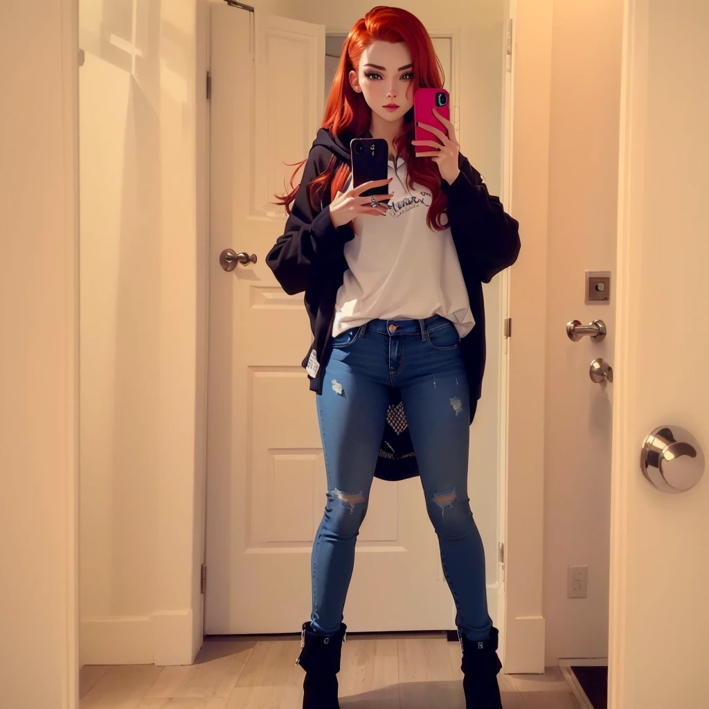 Da ist eine Frau, taking a selfie in a mirror, wearing jeans and a black hoodie, amouranth, Jeans and knee-high black boots, Chucky-Stil, Outfitfoto, better known as amouranth, Jeans and black boots, casually dressed, Redhead girl, Katherine McNamara inspires, Jeans and boots, Madison Beer als Leeloo, Casual pose, with red hair