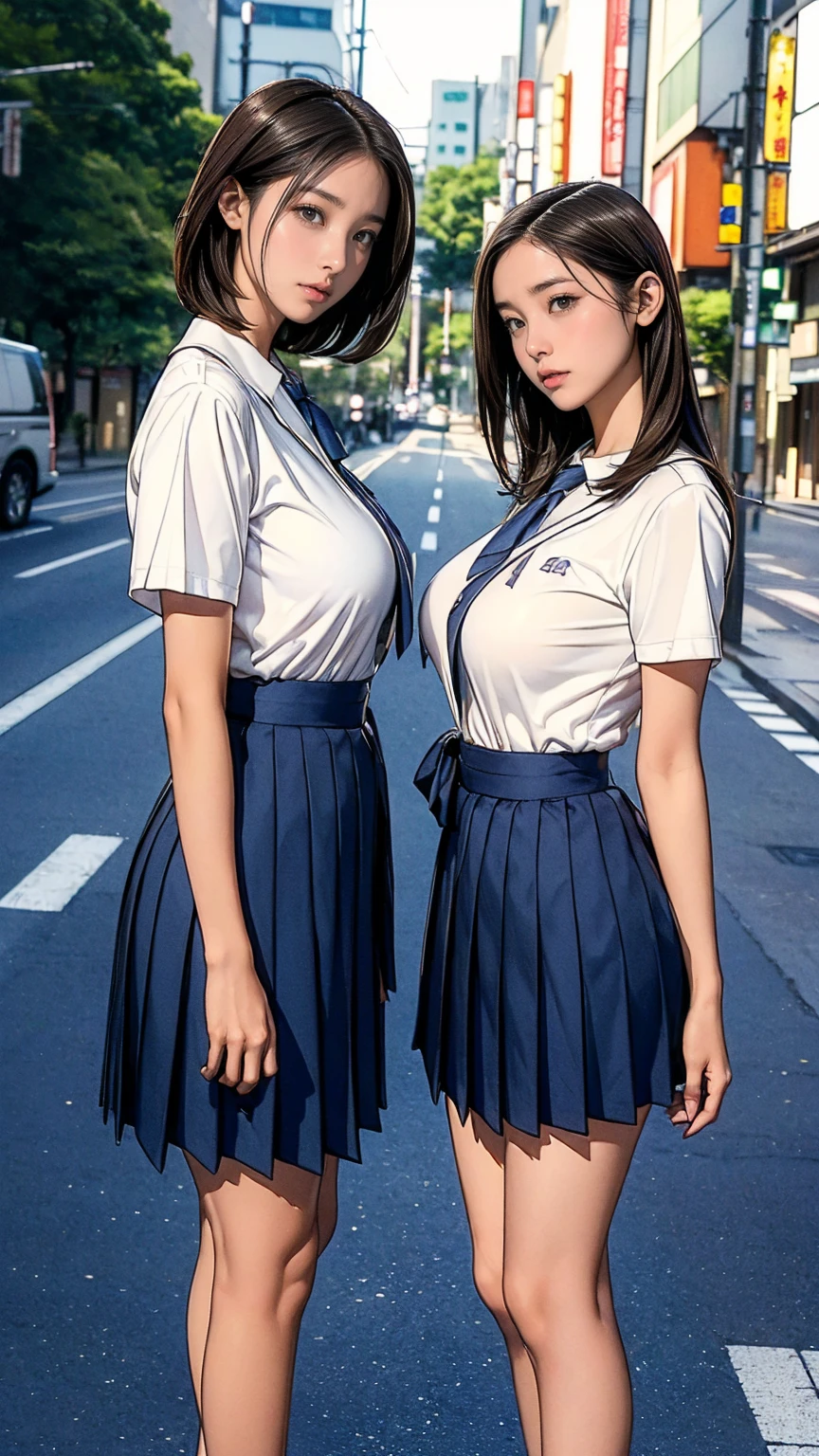 ((Highest quality)), ((masterpiece)), (Detailed ),(Very slim:1.7), (Perfect Face:1.8), (Perfect Eyes), (Very detailed), (Perfect detail) ,Very detailedな顔と肌の質感, (Perfect body), (Perfect Face), (((Two girls side by side:1.5))), Very detailedな目, (Junior High School Uniform), White shirt with front opening, Ultra short thigh-length dark blue pleated skirt, tie, Beautiful , (:1.5),Very slim legs, short hair, (On a street corner in Tokyo, Outdoor), (Cowboy Shot), (No makeup:1.2)、(No makeup:1.5)、(Very thin thighs)、 (13-year-old girl:1.2)、Big eyes, ((Browsing Caution:1.0))