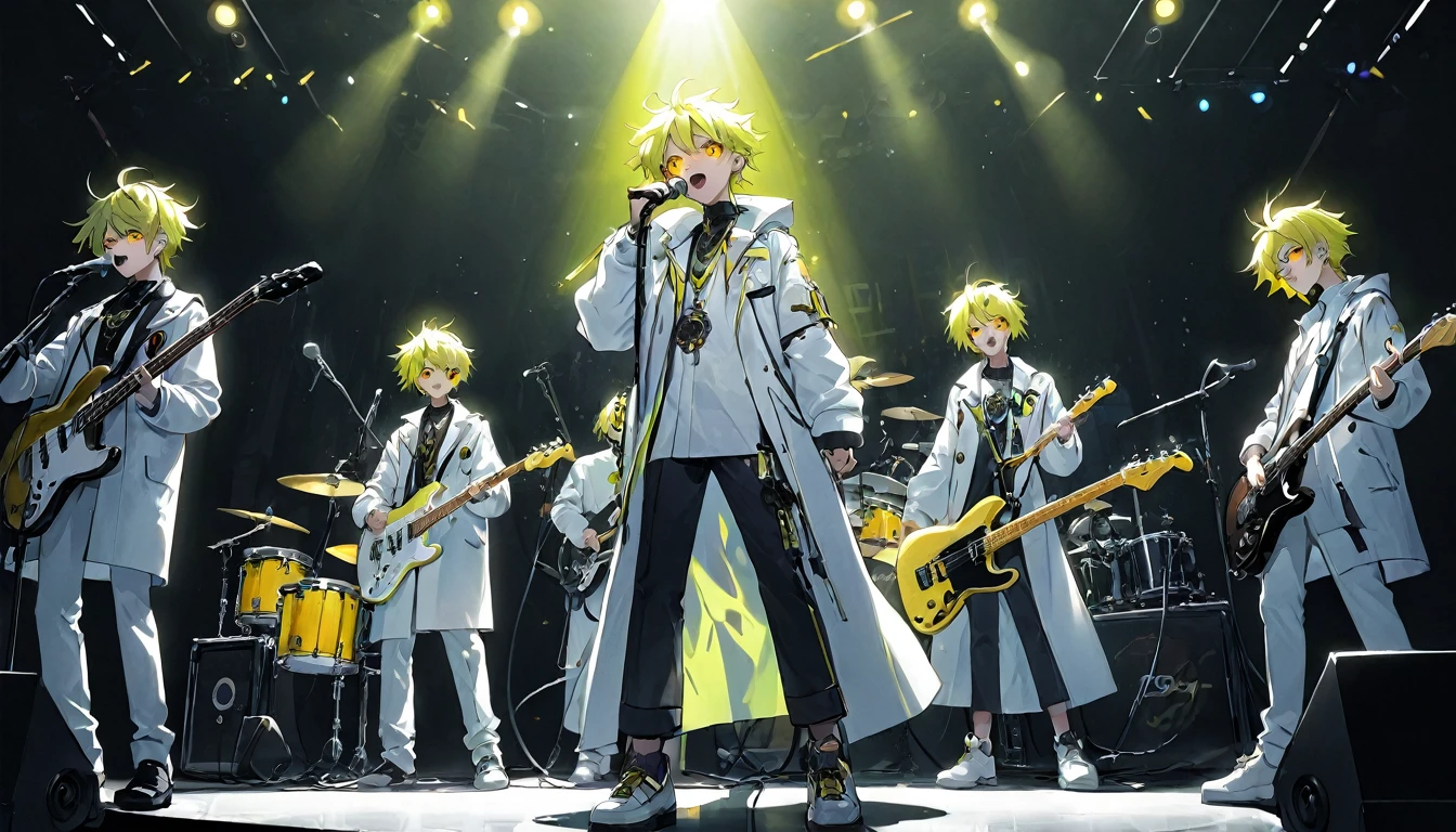 Boy singing in a band 、Guitarist、bassist、Drummer full body、cyber punk、Yellow Eyes、Glowing Eyes、White coat、Open coat、Teen