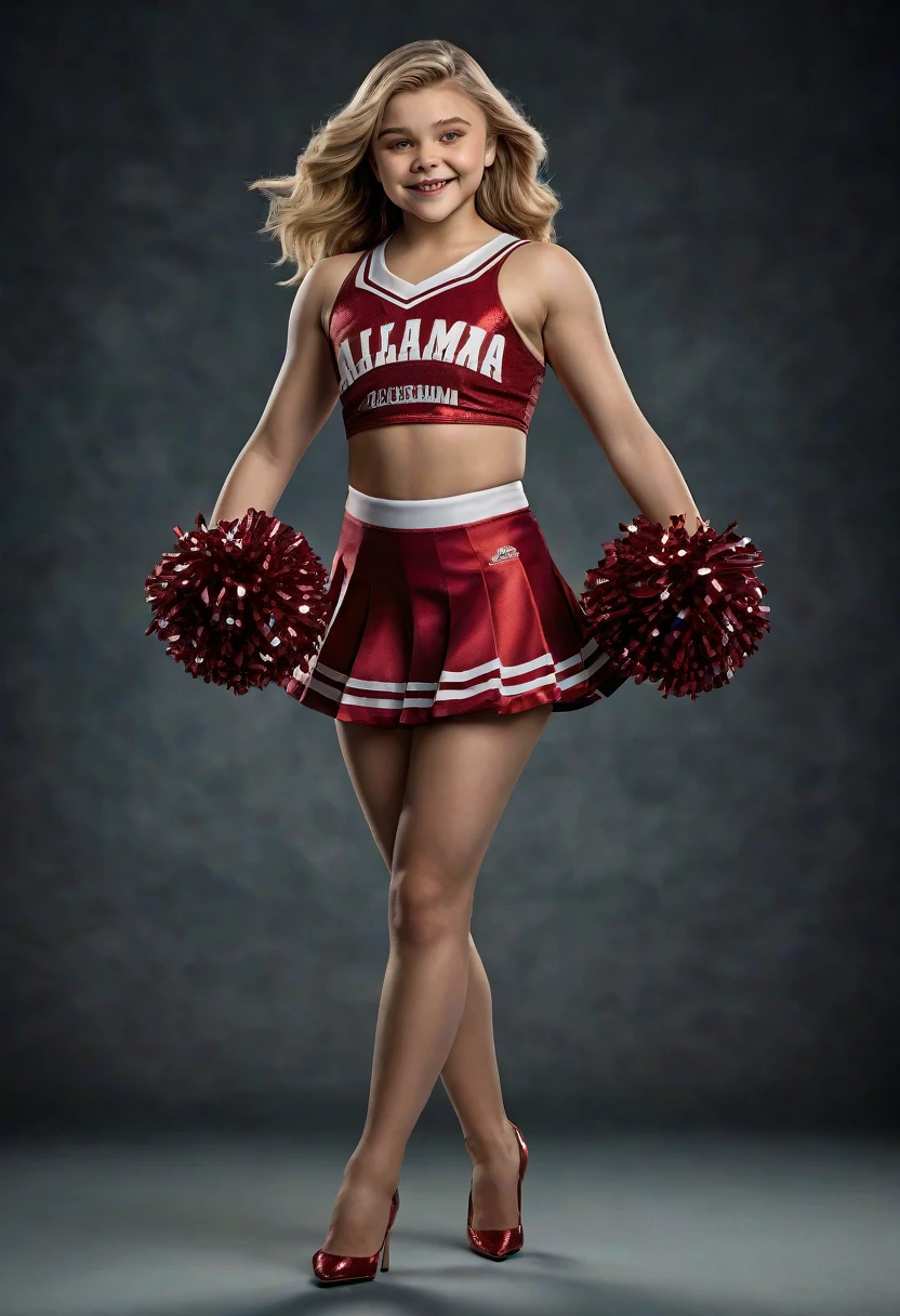 1girl, Chloe Moretz, full length portrait, University of Alabama cheerleader uniform, sheer shimmering silky shiny tan pantyhose by L'eggs, 5 inch scarlet high heels, holding pompoms, cheering, studio photo shoot, photorealistic, best quality, 8k, highres, masterpiece:1.2, ultra-detailed, realistic, photorealistic, photo-realistic:1.37, HDR, UHD, studio lighting, extreme detail description, professional, vivid colors, dramatic lighting, dynamic pose