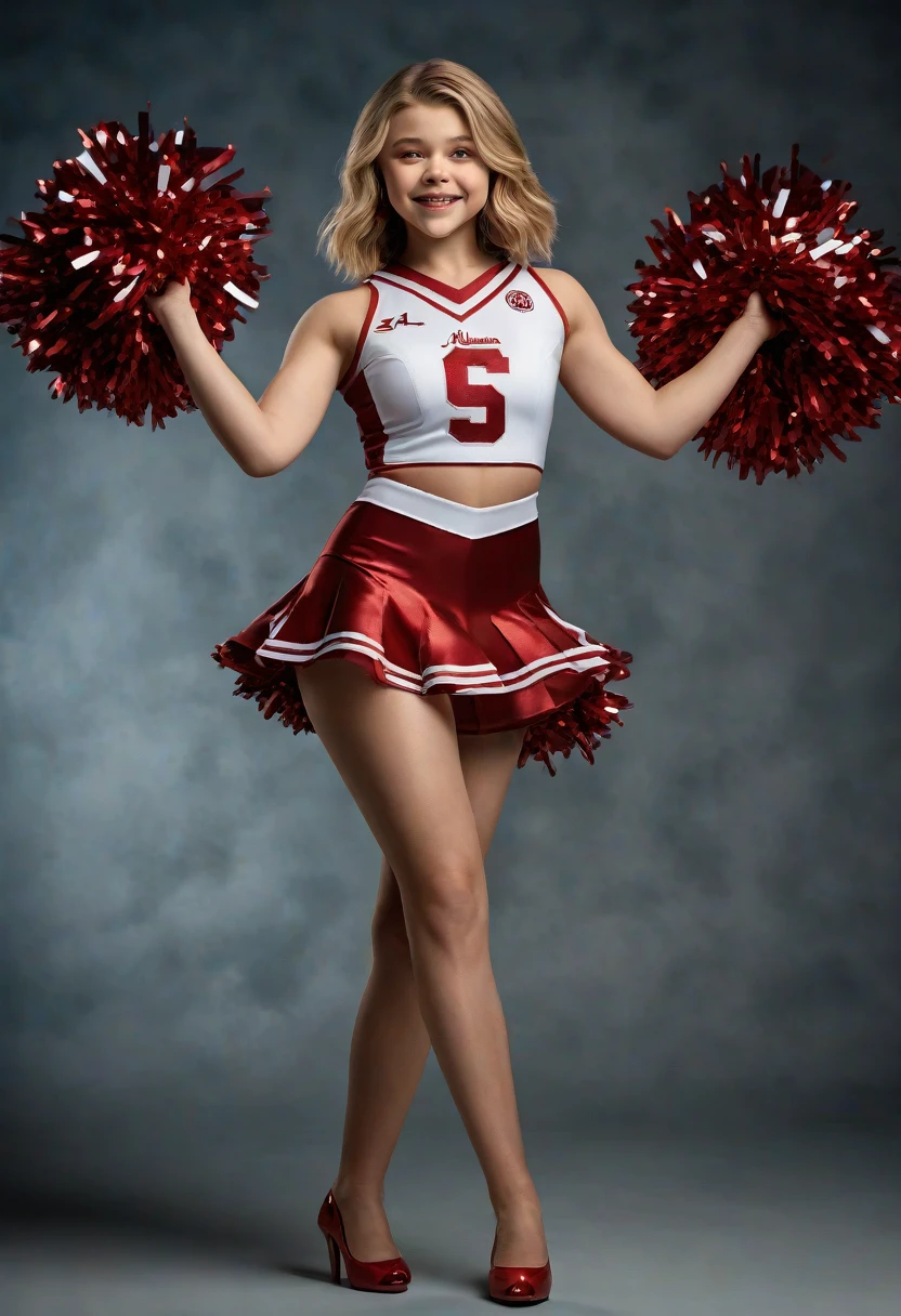 1girl, Chloe Moretz, full length portrait, University of Alabama cheerleader uniform, sheer shimmering silky shiny tan pantyhose by L'eggs, 5 inch scarlet high heels, holding pompoms, cheering, studio photo shoot, photorealistic, best quality, 8k, highres, masterpiece:1.2, ultra-detailed, realistic, photorealistic, photo-realistic:1.37, HDR, UHD, studio lighting, extreme detail description, professional, vivid colors, dramatic lighting, dynamic pose
