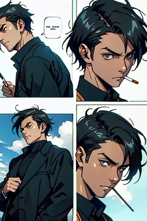 Guy with short black hair smoking with serious eyes, manga page with panels and dialogue