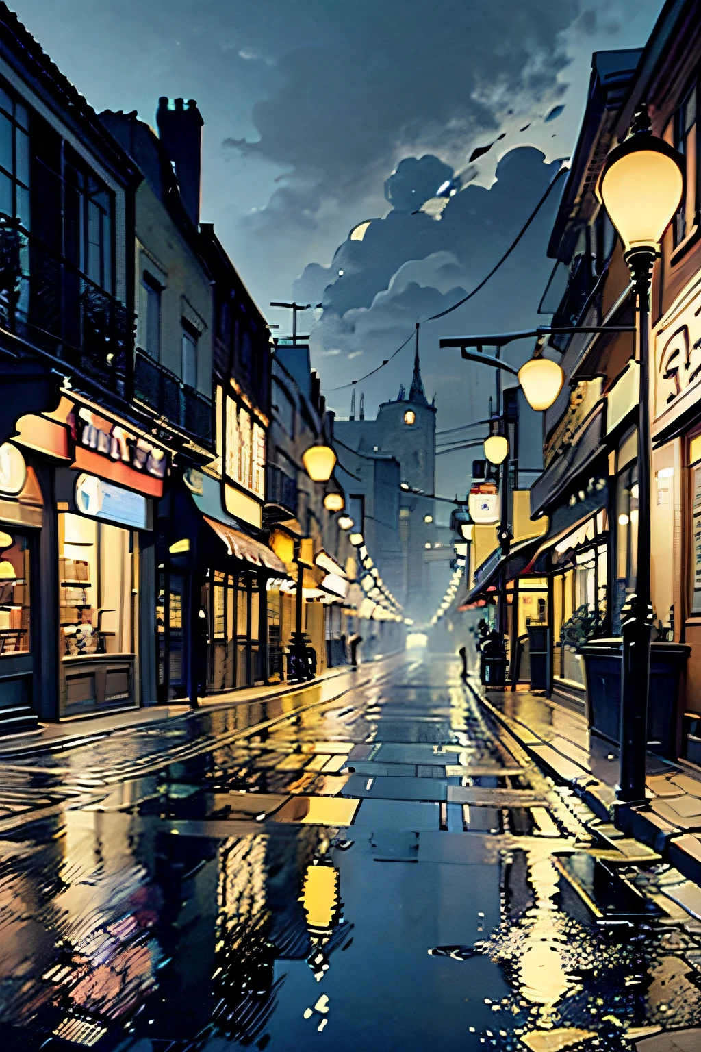 distant view, a night paris street, parisian alley, fog, cafe shop, street lights, long exposure, 1920s, retro vintage, warm lighting, moody atmosphere, cinematic, dramatic shadows, cobblestone road, puddles reflecting lights, old-fashioned lampposts, muted colors, nostalgic mood, (best quality,4k,8k,highres,masterpiece:1.2),ultra-detailed,(realistic,photorealistic,photo-realistic:1.37)