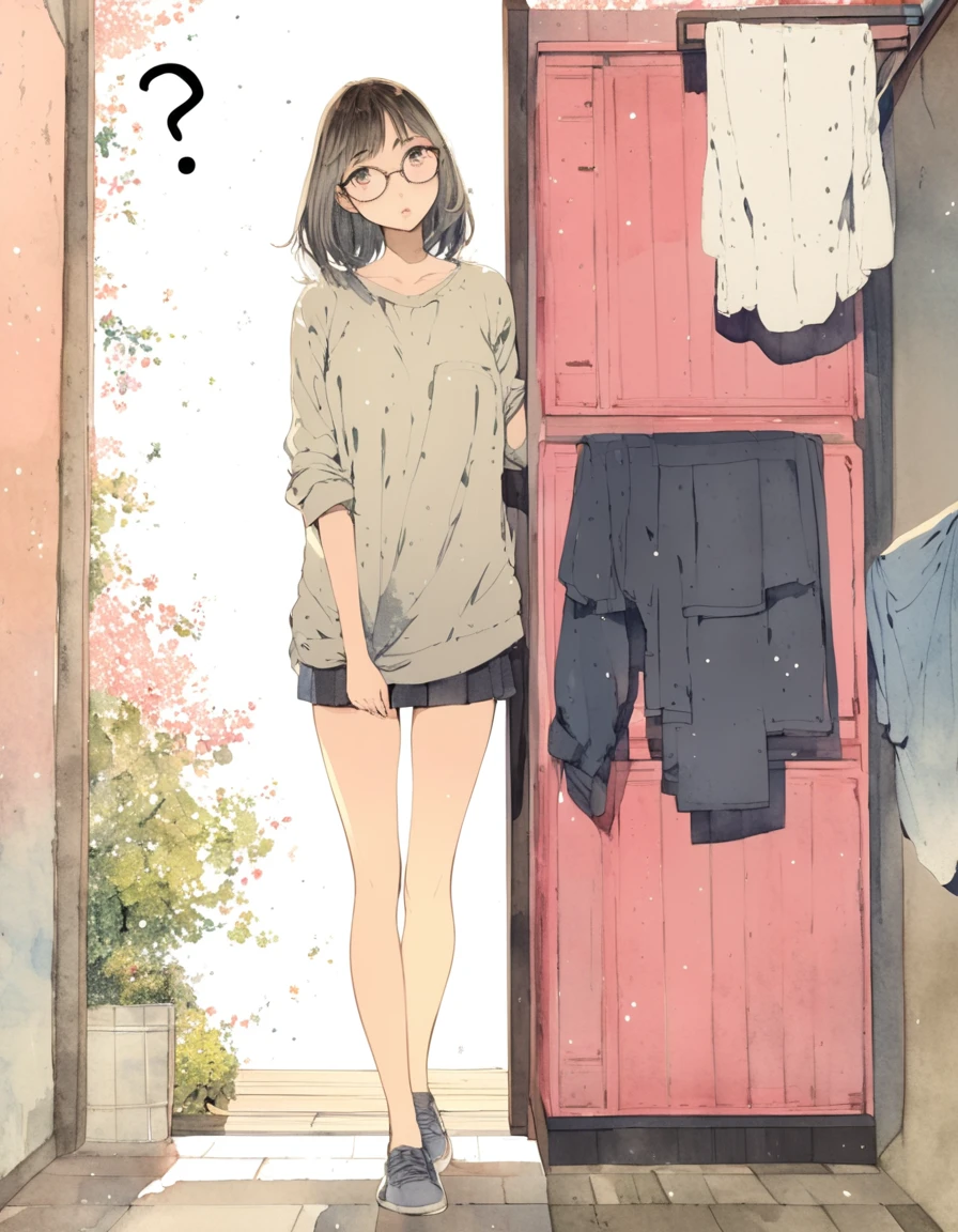 ultra-detailed:1.3, ultra delicate and detailed face:1.3, (absurdres, texture, masterpiece), watercolor, full body, soft warm color, ennui morning, pixiv contest winner, by Posuka Demizu, dynamic manga-style illustration of slender girl with glasses is hanging the laundry out to dry, looking away, moist eyes, moist lips, head tilt, ?,