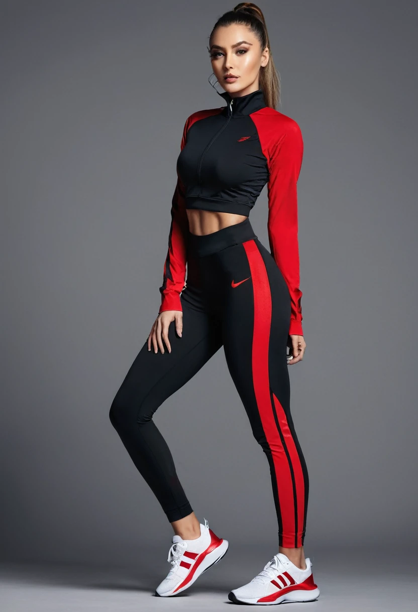 Beautiful sexy  woman, beautiful athletisure style, shoes sport, full length , black, red, beautiful clothes 