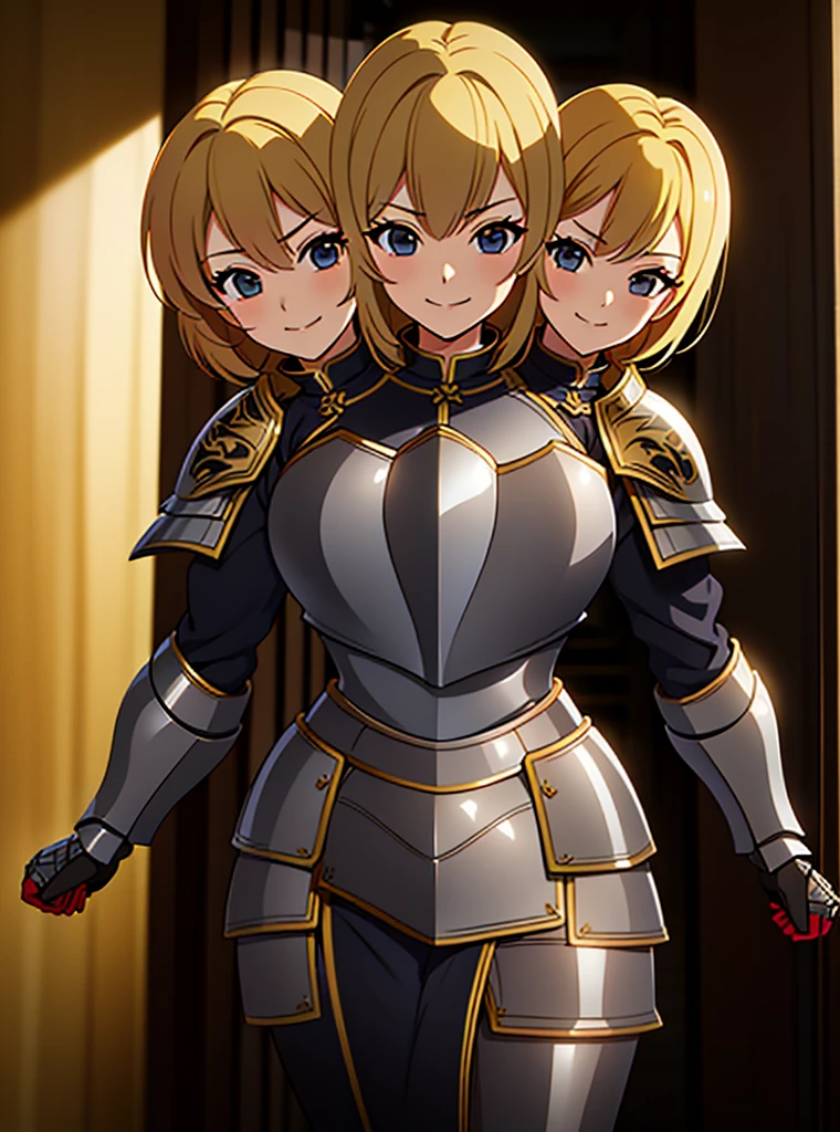 (masterpiece),(ultra-detailed), (high quality), (high resolution), (best quality:1.5, highres, UHD), highres, absurdo, ultra detail, ultra quality, (2heads:1.5), 1girl, ((golden blonde hair)), thighs, (gray armor), female warrior, (fully armored), medium hair, (medieval outfit), (black eyes), armored chest piece, gorgeous female knight, Guild Clothes with Armor, Fantasyart:1.5, (1 Female Knight:1.5), Detailed and detailed depiction armor, (seductive smirk), detailed eyes