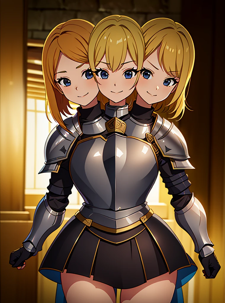 (masterpiece),(ultra-detailed), (high quality), (high resolution), (best quality:1.5, highres, UHD), highres, absurdo, ultra detail, ultra quality, (2heads:1.5), 1girl, ((golden blonde hair)), thighs, (gray armor), female warrior, (fully armored), medium hair, (medieval outfit), (black eyes), armored chest piece, gorgeous female knight, Guild Clothes with Armor, Fantasyart:1.5, (1 Female Knight:1.5), Detailed and detailed depiction armor, (seductive smirk), detailed eyes