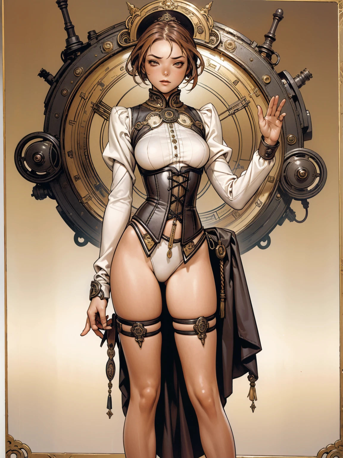 (((Super heroine))), black and yellow is the predominant color, ((love the league))), ((( red victorian corset ))), 1 girl, (((standing alone))), Poster, Russian propaganda style, pirralha violent, , sexly, pose de atitude, work of art, post-apocalypse, (((manga style))), redhead with white highlights, bounty hunter, violent, Manic, the way you want, slenderbody, thin but strong, perfectbody, roupa moderna, advanced technology, messy bob hair, colored hair, (((best qualityer))), tiny micro skirt with checkered pattern in red and black, Victorian bodice with braided cord, “X” breast cover, love vitoriana league, ((pose sexly)), background wall with absurdly detailed gears and machines, (( from the knee up )). intricate visual, steampunk style