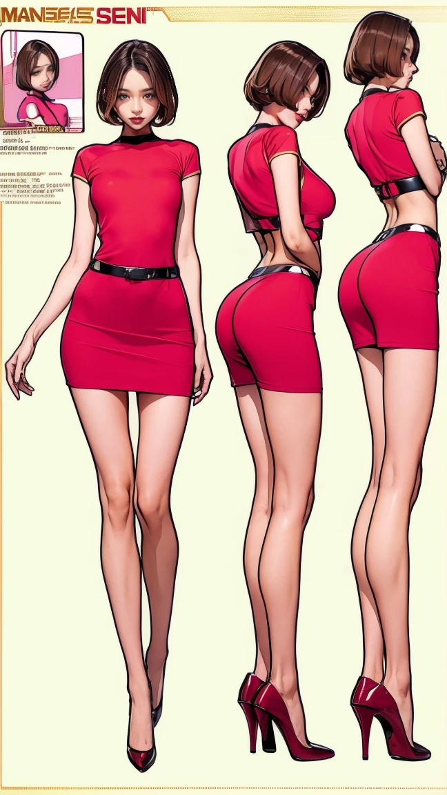 ((masterpiece)),(((Highest quality))),((Reference Sheet, Character Design)),  (Very slim:1.4),  (Very small :1.4), Realistic , Medium chest，Short Bob, Thin thighs, Long legs,1 Girl，expensive，Long legs，Red Lip Big Wave，Royal Sister Fan，Fashionable clothes，Tight Bottom Skirt，High heels，Outdoor during the day，ウォーキングStreet，Street，Super cool