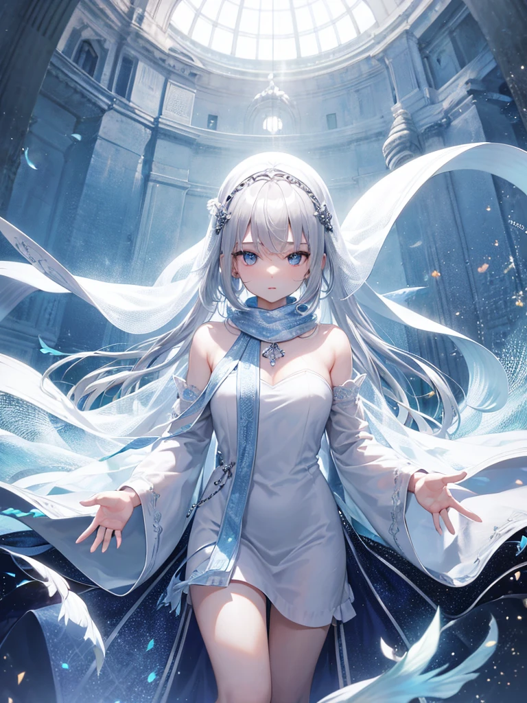 Silver haired girl with big , posing for a picture, standing, 4k, half body image, white closed dress, blue eyes, perfect fingers,two hand, perfect eyes, unseductive anime girl, using hijab scarf, veiled