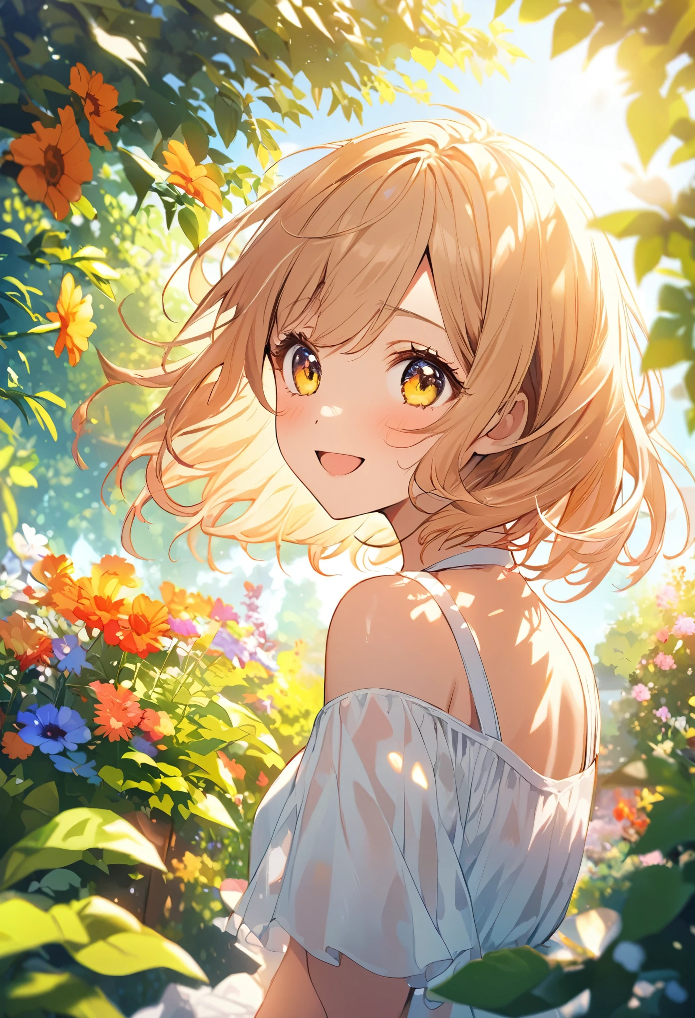 (Highest quality,High resolution:1.2), Vibrant colors, garden, sunny day, summer, Bright atmosphere, One girl, Beautiful attention to detail, Long eyelashes, ((Drop your eyes, Happy expression)), Flowing Hair, summer色のドレス, short hair, Cowboy Shot