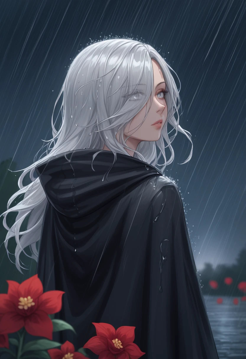 1girl,solo,1girl,solo,((beautiful detailed eyes)), (detailed light),depth of field,(white hair),silver eyes,hair over one eye,(red flower ), hair flower,long hair,black cloak,wet,emotionless,looking back,night,starfall,raining,fog,red flowers falling,sketch,upper body,intense shadows,