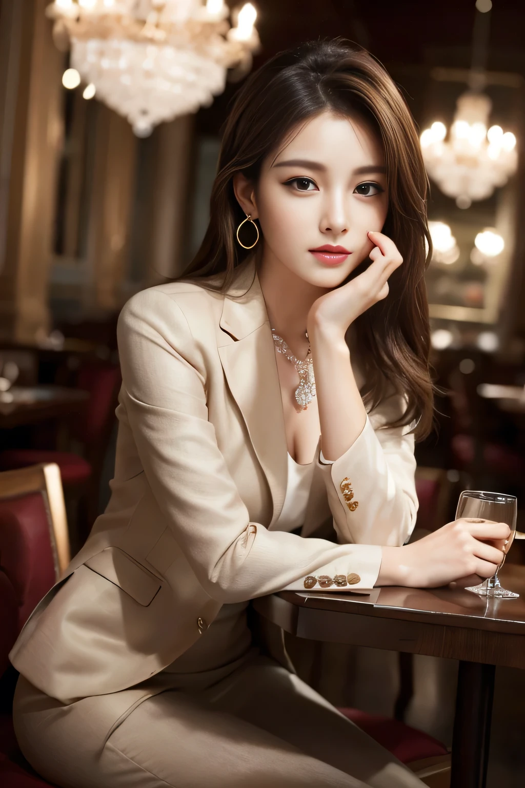 masterpiece, Highest quality, Realistic, Very detailed, Finer details, High resolution, 8k wallpaper, One beautiful woman, Wear a nice suit, In a great restaurant, At night, Light brown messy hair, Perfect dynamic composition, Beautiful and beautiful eyes、Big earrings、Sit on a chair、