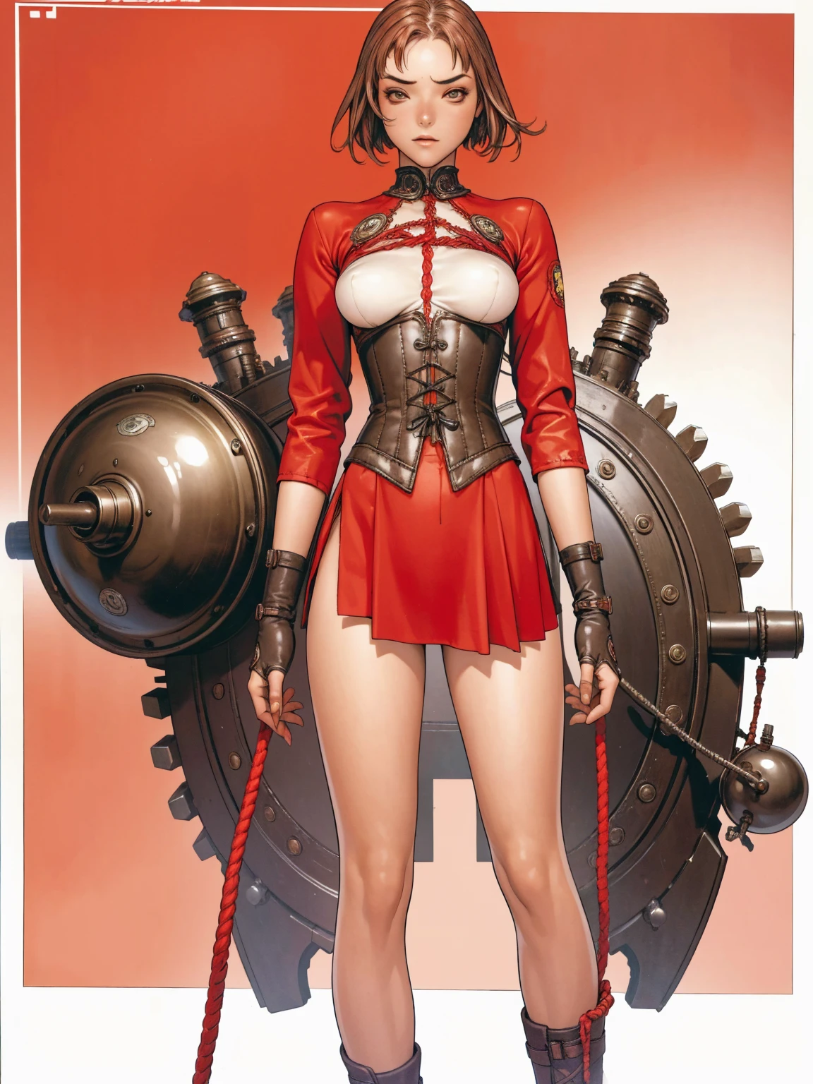 (((red suit))), red is the predominant color, ((love the league))), ((( red victorian corset ))), 1 girl, (((standing alone))), Poster, Russian propaganda style, pirralha violent, 14歳, sexly, pose de atitude, work of art, post-apocalypse, (((manga style))), redhead with white highlights, bounty hunter, violent, Manic, the way you want, slenderbody, thin but strong, perfectbody, roupa moderna, advanced technology, messy bob hair, colored hair, (((best qualityer))), tiny micro skirt with checkered pattern in red and black, Victorian bodice with braided cord, “X” breast cover, love vitoriana league, ((pose sexly)), background wall with absurdly detailed gears and machines, (( from the knee up )). intricate visual, steampunk style