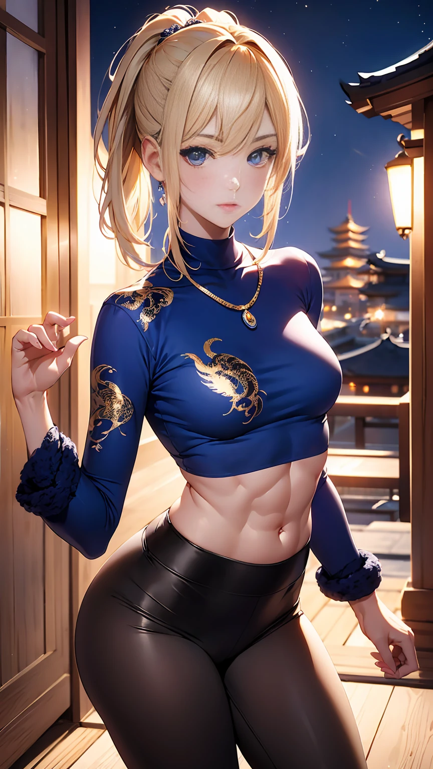 Beautiful woman with mid straight ponytail blond hair with blue eyes wearing an Black Tight Leggings With Golden Dragon Prints, a Royal Blue Sexy Criss Cross Mock Neck Mid Sleeves Blouse With Phoenix Prints, luxurious jewelry and a luxurious necklace, 18k gold wedding ring on left hand, fighting in a Japanese temple at night, (caucasian skin), (light brown lipstick), (elegant mascara), (slim body with abs), (small breasts), (wide hips), midjourney, <lora:GoodHands-, <lora:GoodLegs-, UHD, high resolution, (masterpiece:1.1, best quality), (expressive eyes, perfect face, full body, expressive face, perfect body, perfect pussy, athletic, fit, slim body, blushing, Perfect makeup, eyeliner, beautiful eyelashes, smiling, horny face), ((best illumination, best shadows)), ((fight pose)),