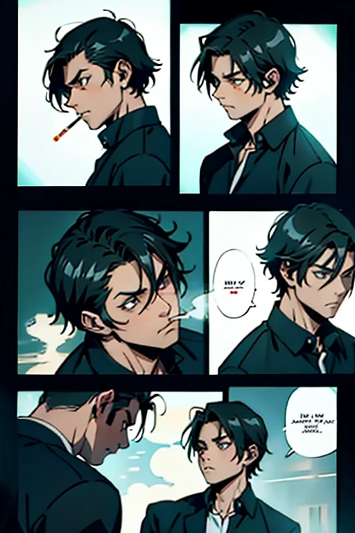  Guy with short black hair angry and smoking, manga page with panels and dialogue    