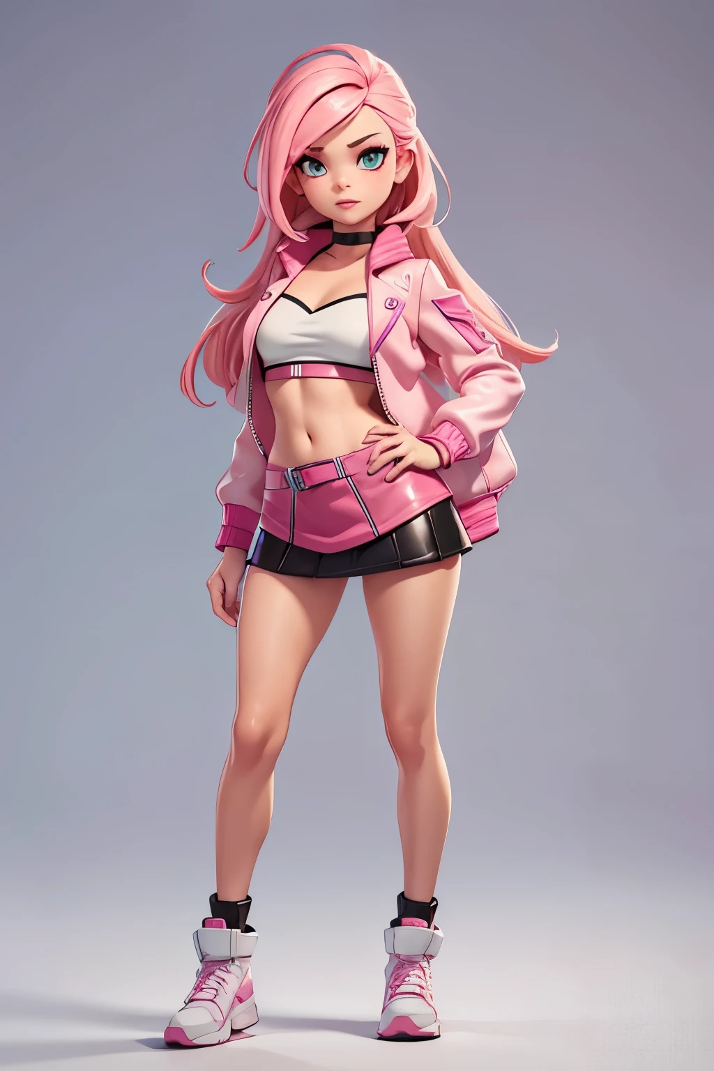 Gorgeous young woman, slim built, small perky breasts, wearing a white tube top showing off her massive , a pink leather jacket that is unzipped, short skirt. full body shot, long pink hair, minimal make up on, natural look, vivid colors, render as a fortnite style character