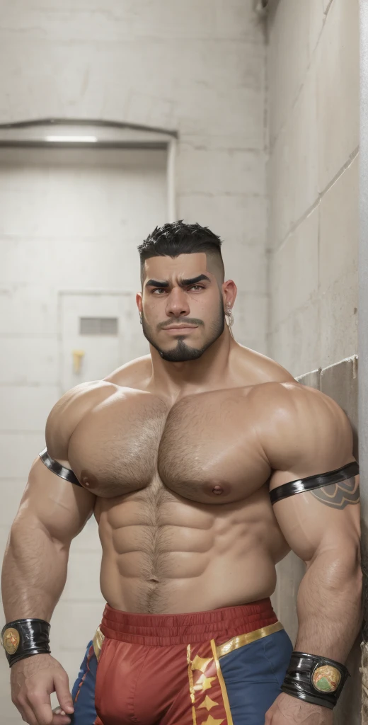Latino chav, 20 years old, short hair, men, hairy, hairyalpha, BeardAlpha, wearing a superhero costume, cape, tight superhero uniform, gold details, armor,oversized pectorals, heavy pectorals, oversized bulge, intimidating, smirking, nipple rings, angry, threatening, bara, prison background