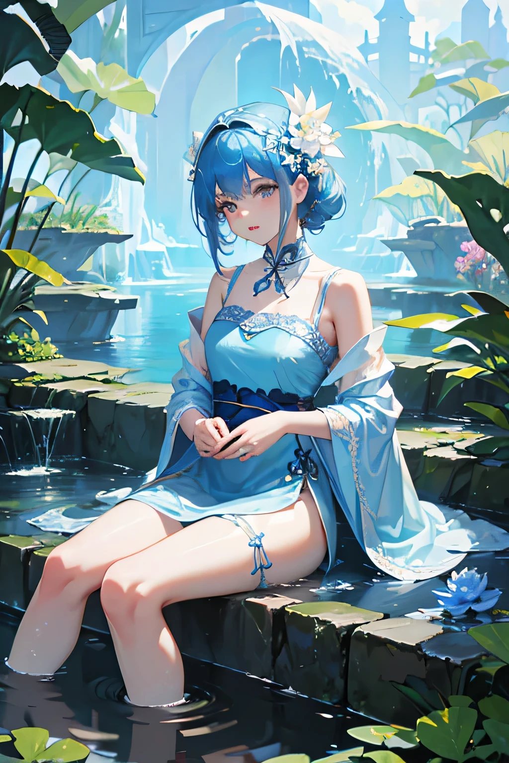 There is a blue dress, 16 long legs, Woman sitting on a rock in the water, Standing gracefully on a lotus flower, Heavenly Beauty, Wearing a blue Chinese dress, court, Girl in Hanfu, Wearing a blue Chinese dress, Summer is full of fairies, In the pond, White Hanfu, A surprisingly young and mysterious person, loose fitting dress, Light blue, Hair behind the ear