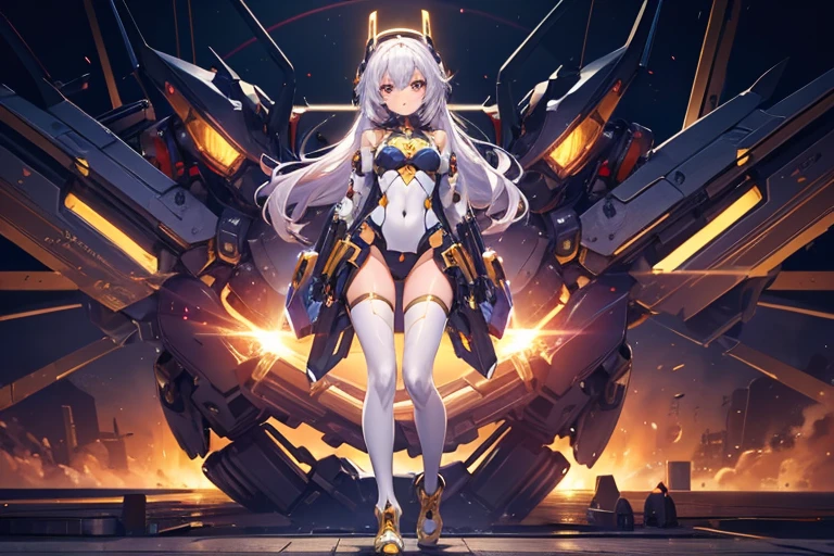 One girl:1.6, Robot Girl, Mecha Girl, From the face down, the golden internal skeleton is exposed., Beautiful Face, Masterpiece, Are standing, Full Body Shot.,